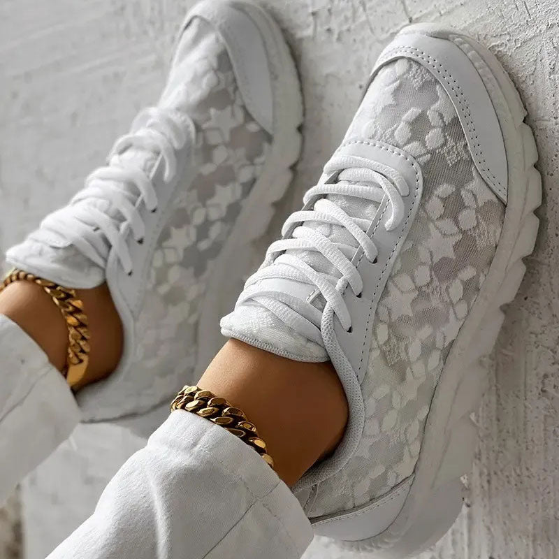Women's orthopedic sneakers with lace panels, laces, and padded chunky sole - comfortable shoes for walks, travel, and casual everyday wear