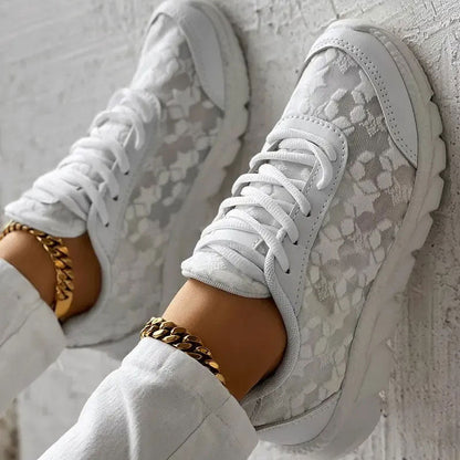 Women's orthopedic sneakers with lace panels, laces, and padded chunky sole - comfortable shoes for walks, travel, and casual everyday wear