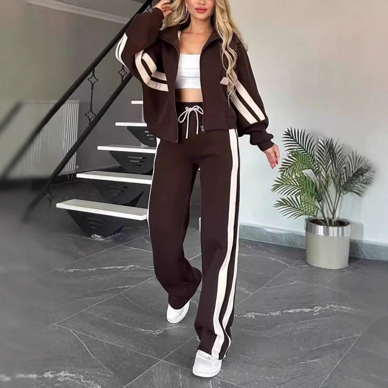 Dame Tracksuit Sæt Med Kontraststriber Og Lynlåstrøje