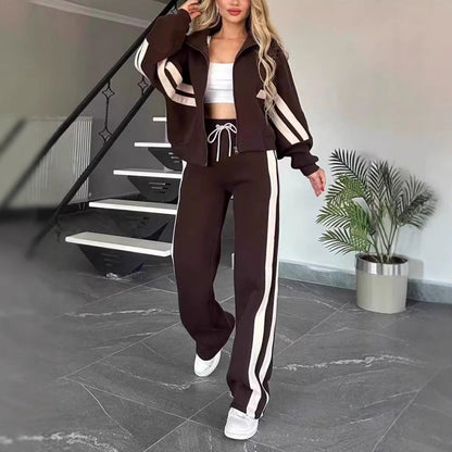 Dame Tracksuit Sæt Med Kontraststriber Og Lynlåstrøje