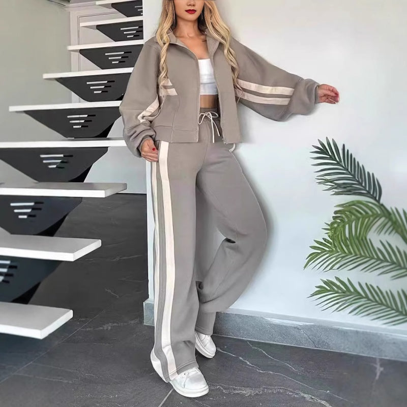 Dame Tracksuit Sæt Med Kontraststriber Og Lynlåstrøje