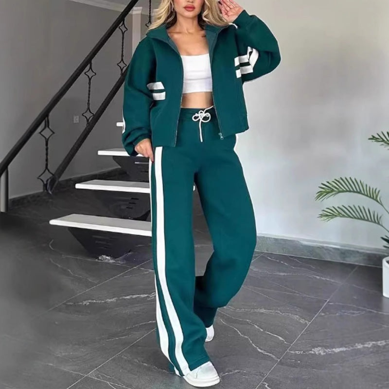 Dame Tracksuit Sæt Med Kontraststriber Og Lynlåstrøje
