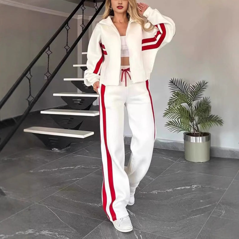 Dame Tracksuit Sæt Med Kontraststriber Og Lynlåstrøje
