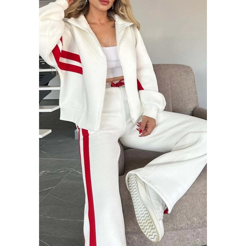 Dame Tracksuit Sæt Med Kontraststriber Og Lynlåstrøje