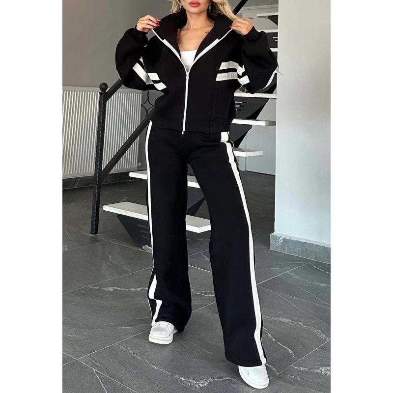 Dame Tracksuit Sæt Med Kontraststriber Og Lynlåstrøje