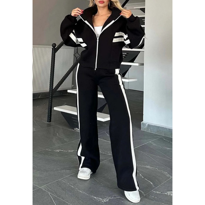 Dame Tracksuit Sæt Med Kontraststriber Og Lynlåstrøje