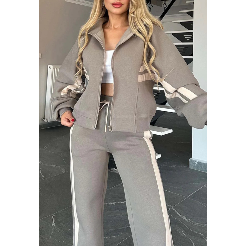 Dame Tracksuit Sæt Med Kontraststriber Og Lynlåstrøje