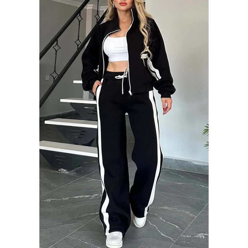 Dame Tracksuit Sæt Med Kontraststriber Og Lynlåstrøje