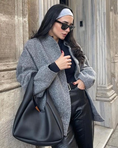 Women's Long Wool-Blend Coat with Textured Design - Elegant and Casual Winter Outerwear for Cold Days, Everyday Wear, the Office and Smart Casual Style
