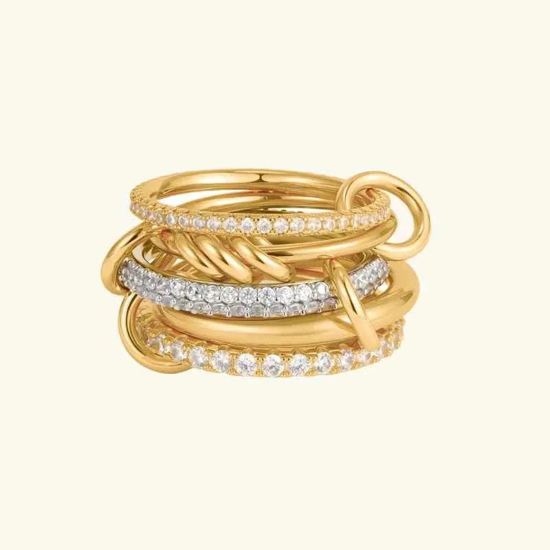 Anillo para mujer de plata de ley chapada en oro con piedras engastadas en pavé - Elegante anillo llamativo para el día a día y ocasiones especiales