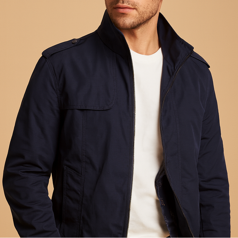 Men's lightweight summer jacket with a stand collar and zip closure - Short, modern design with practical pockets for the office, travel, and stylish everyday wear