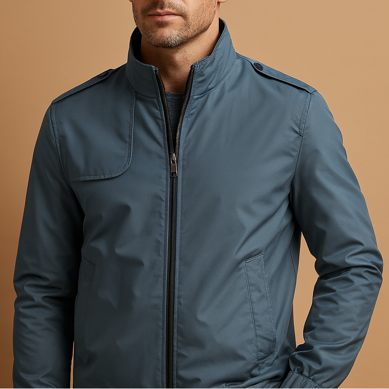 Men's lightweight summer jacket with a stand collar and zip closure - Short, modern design with practical pockets for the office, travel, and stylish everyday wear