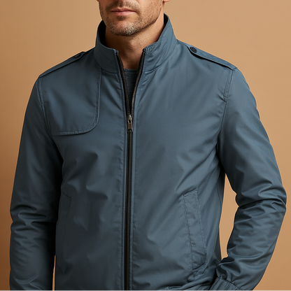 Men's lightweight summer jacket with a stand collar and zip closure - Short, modern design with practical pockets for the office, travel, and stylish everyday wear
