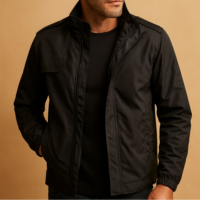 Men's lightweight summer jacket with a stand collar and zip closure - Short, modern design with practical pockets for the office, travel, and stylish everyday wear