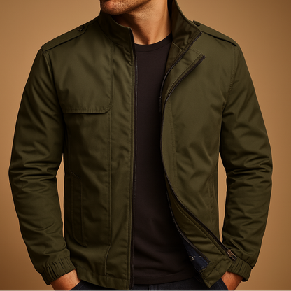 Men's lightweight summer jacket with a stand collar and zip closure - Short, modern design with practical pockets for the office, travel, and stylish everyday wear