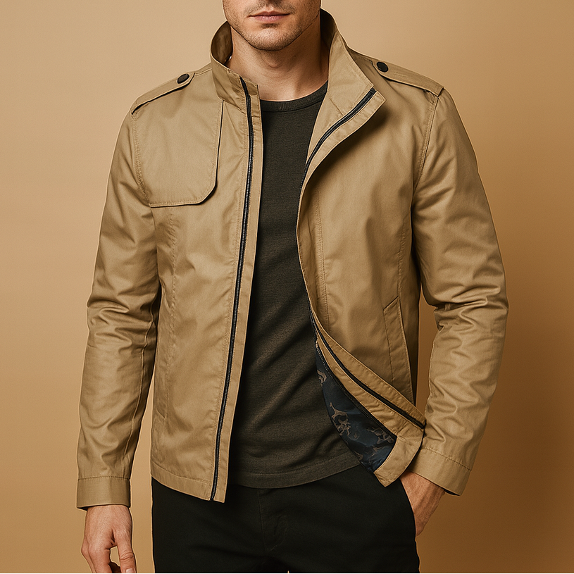 Men's lightweight summer jacket with a stand collar and zip closure - Short, modern design with practical pockets for the office, travel, and stylish everyday wear