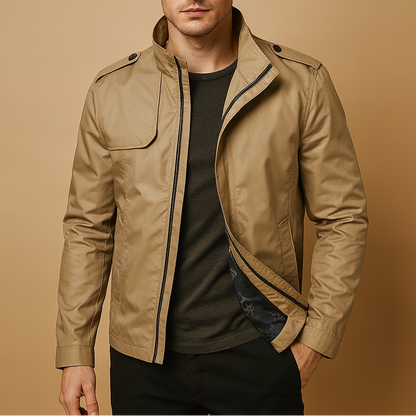 Men's lightweight summer jacket with a stand collar and zip closure - Short, modern design with practical pockets for the office, travel, and stylish everyday wear