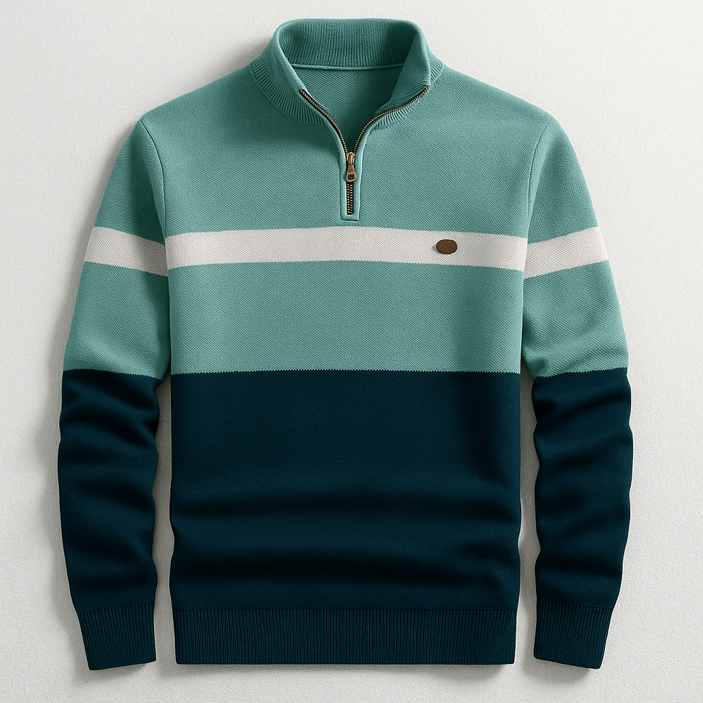 Herre Striktrøje Med Kvart Lynlås Og Farveblokdesign – Pullover Med Ståkrave Og Ribkanter Til Smart Casual Stil Og Hverdagsbrug
