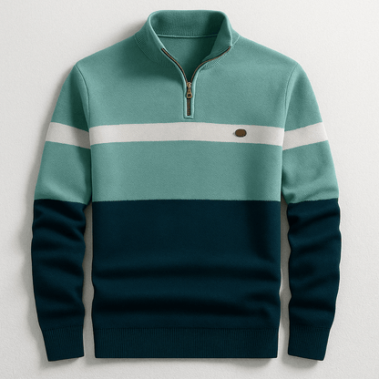 Herre Striktrøje Med Kvart Lynlås Og Farveblokdesign – Pullover Med Ståkrave Og Ribkanter Til Smart Casual Stil Og Hverdagsbrug