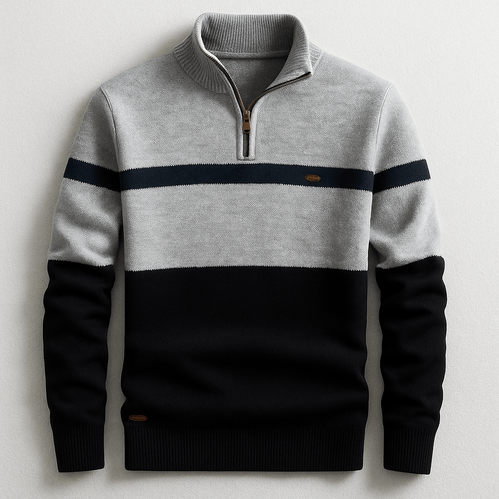 Herre Striktrøje Med Kvart Lynlås Og Farveblokdesign – Pullover Med Ståkrave Og Ribkanter Til Smart Casual Stil Og Hverdagsbrug