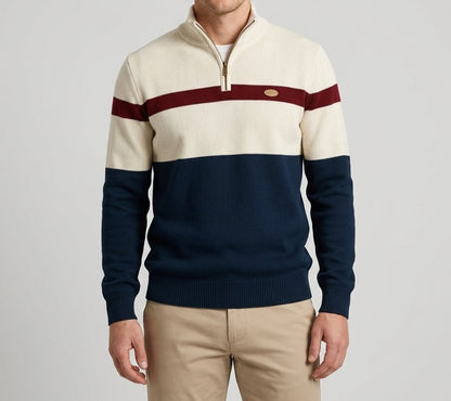 Herre Striktrøje Med Kvart Lynlås Og Farveblokdesign – Pullover Med Ståkrave Og Ribkanter Til Smart Casual Stil Og Hverdagsbrug