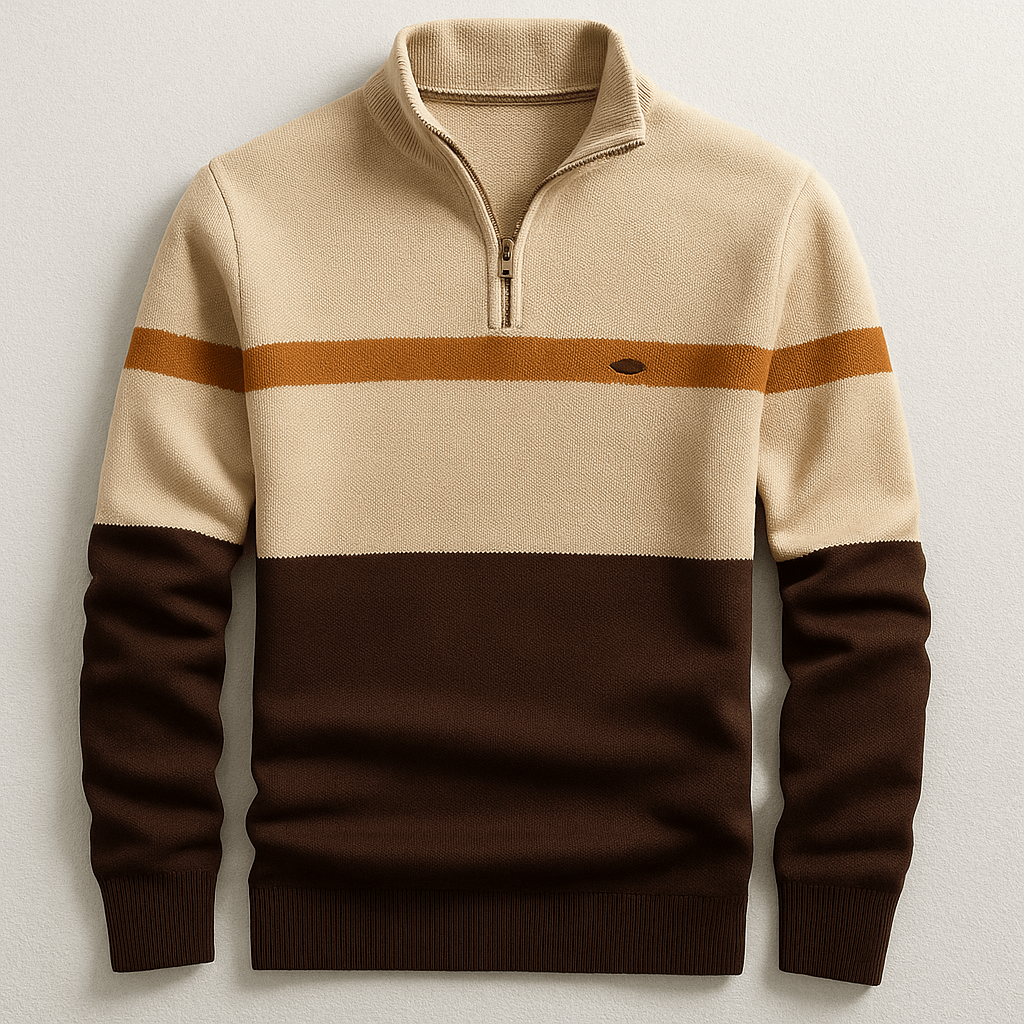 Herre Striktrøje Med Kvart Lynlås Og Farveblokdesign – Pullover Med Ståkrave Og Ribkanter Til Smart Casual Stil Og Hverdagsbrug