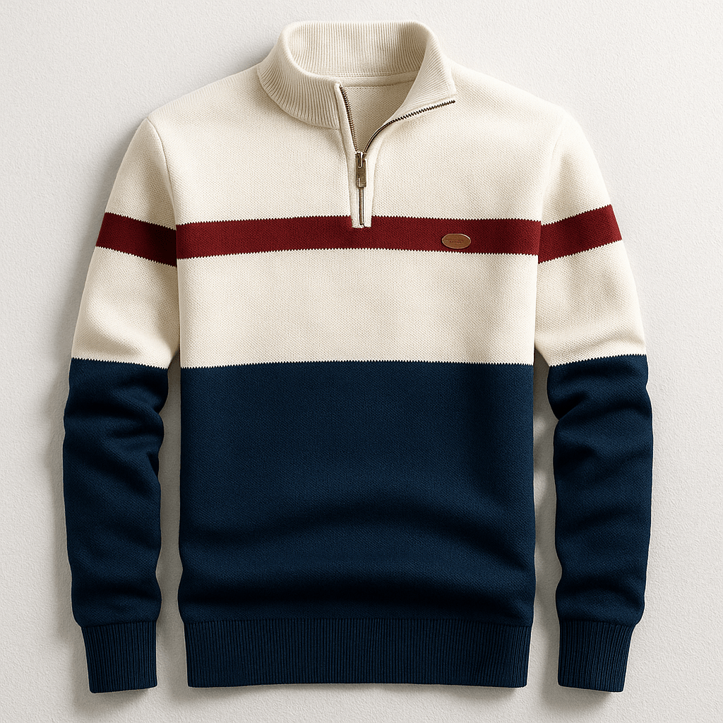 Herre Striktrøje Med Kvart Lynlås Og Farveblokdesign – Pullover Med Ståkrave Og Ribkanter Til Smart Casual Stil Og Hverdagsbrug