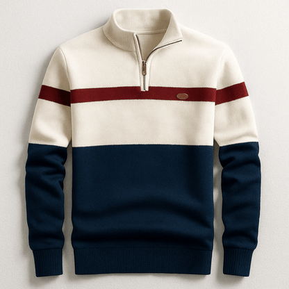 Herre Striktrøje Med Kvart Lynlås Og Farveblokdesign – Pullover Med Ståkrave Og Ribkanter Til Smart Casual Stil Og Hverdagsbrug