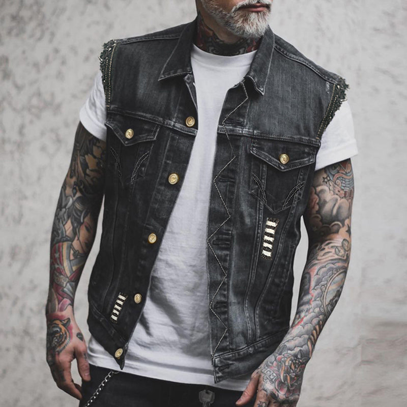 Chaleco biker vaquero desgastado para hombre, sin mangas, con bordes sin rematar y bolsillos en el pecho - Chaleco trucker llamativo para uso diario, ocio y estilo casual