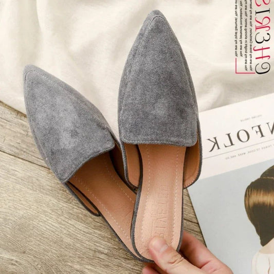 Mules din piele întoarsă pentru femei, cu vârf ascuțit, călcâi decupat și căptușeală moale – pantofi slip-on eleganți pentru purtare zilnică și un stil smart casual