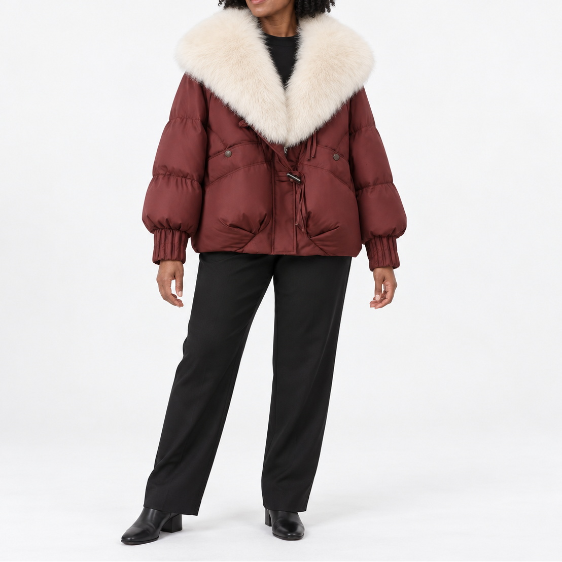Women's short quilted winter jacket with faux fur collar and balloon sleeves - Elegant jacket for cold fall and winter days, and smart casual layered styling