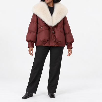 Women's short quilted winter jacket with faux fur collar and balloon sleeves - Elegant jacket for cold fall and winter days, and smart casual layered styling