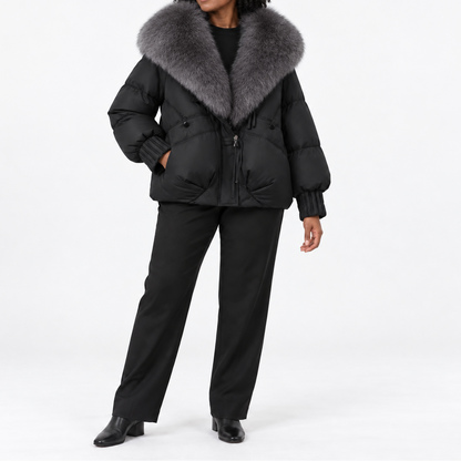 Women's short quilted winter jacket with faux fur collar and balloon sleeves - Elegant jacket for cold fall and winter days, and smart casual layered styling