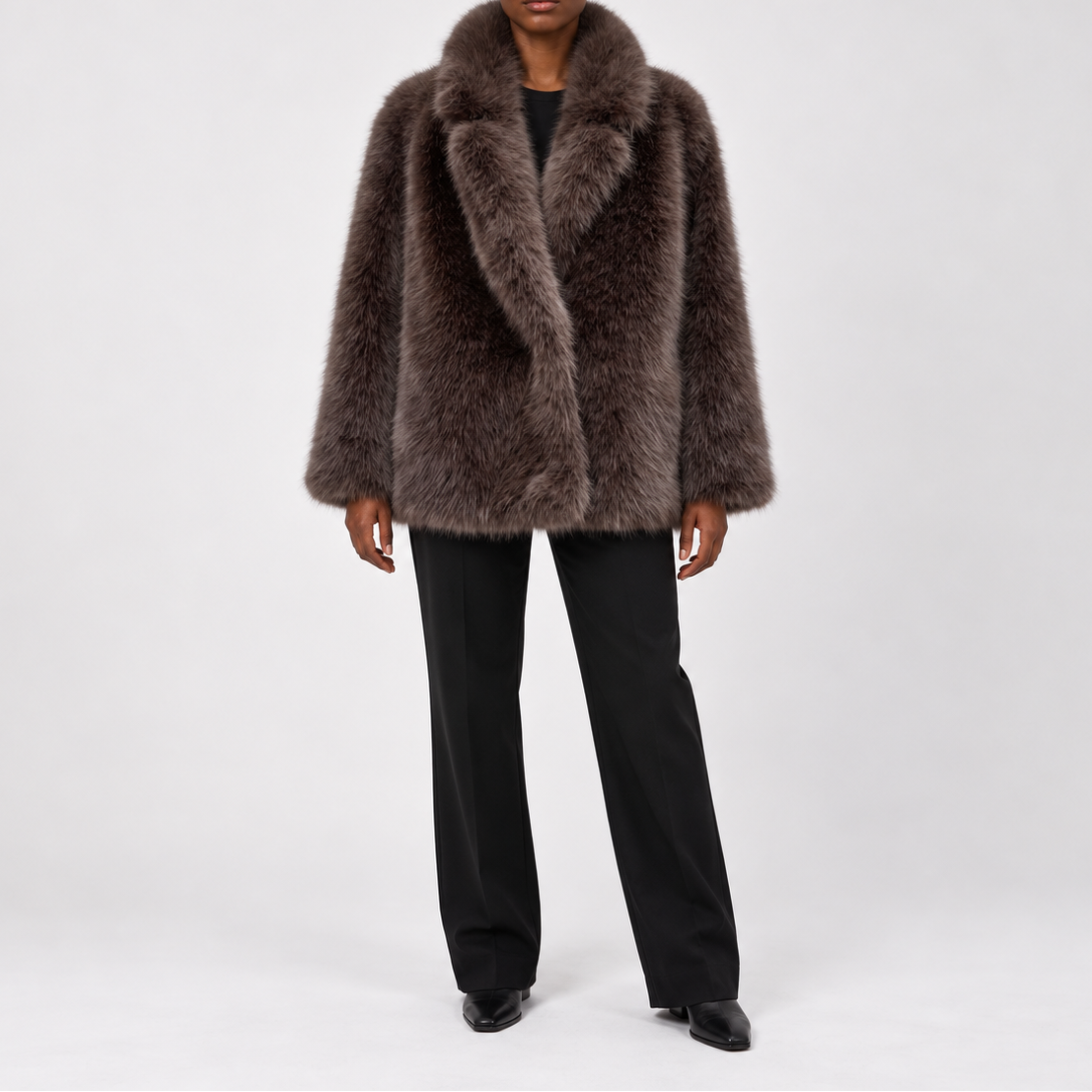 Women's faux fur winter jacket with wide lapels and long pile - Casual hip-length jacket for cold days and elegant fall and winter outfits