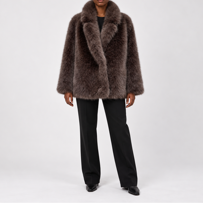 Women's faux fur winter jacket with wide lapels and long pile - Casual hip-length jacket for cold days and elegant fall and winter outfits