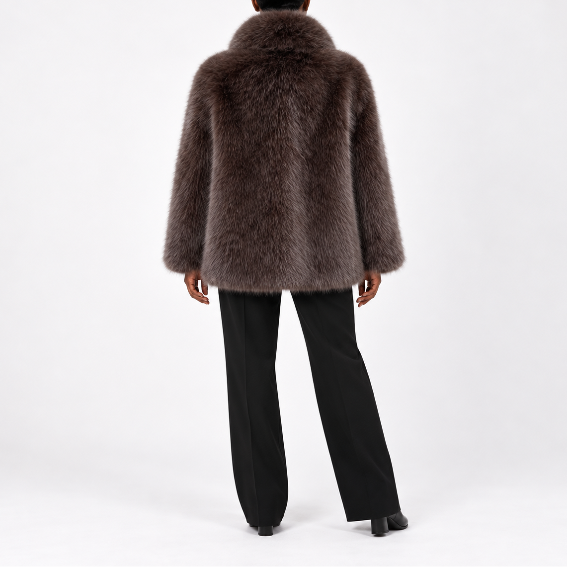 Women's faux fur winter jacket with wide lapels and long pile - Casual hip-length jacket for cold days and elegant fall and winter outfits