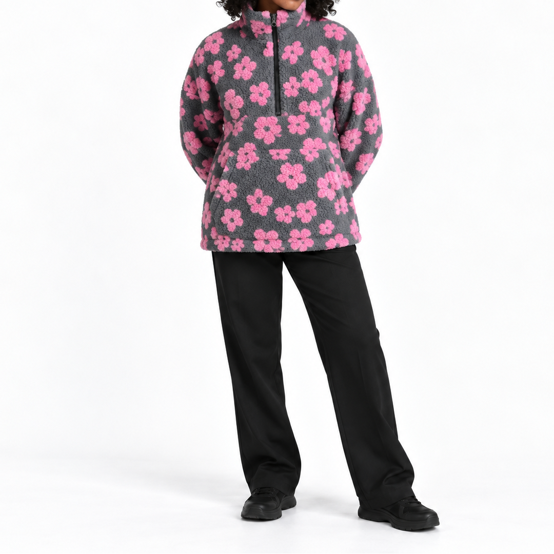 Dame Fleecetrøje Med Blomsterprint Og Halv Lynlås – Blød Trøje Til Afslappet Hverdagsbrug