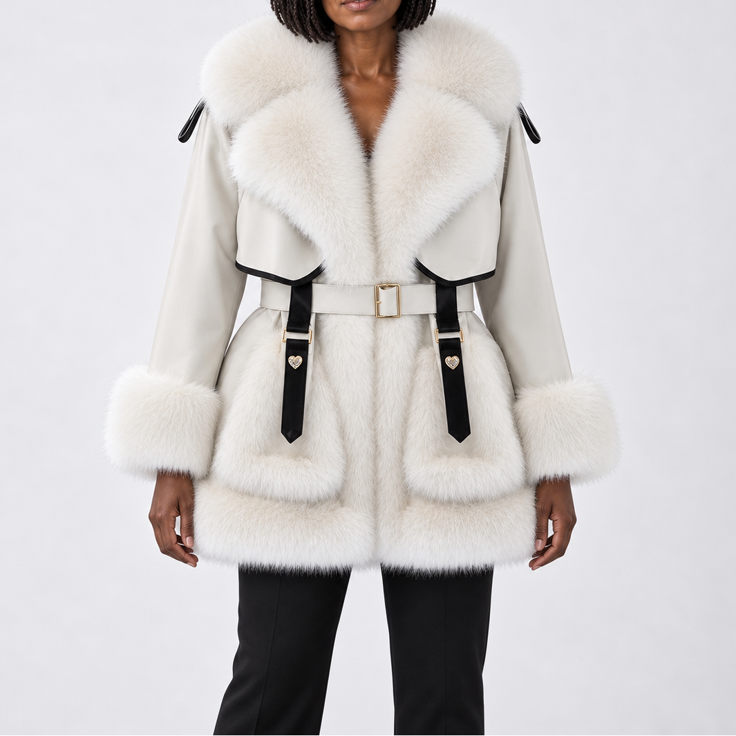 Women's Winter Coat with Fur Trim, Statement Collar, and Buckle Belt – Elegant Outerwear for Cold Days and Stylish Evening Events