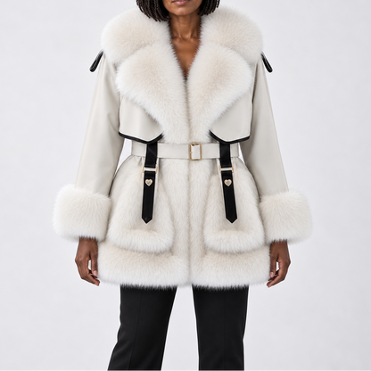 Women's Winter Coat with Fur Trim, Statement Collar, and Buckle Belt – Elegant Outerwear for Cold Days and Stylish Evening Events