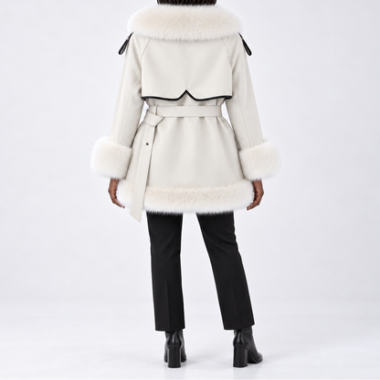 Women's Winter Coat with Fur Trim, Statement Collar, and Buckle Belt – Elegant Outerwear for Cold Days and Stylish Evening Events