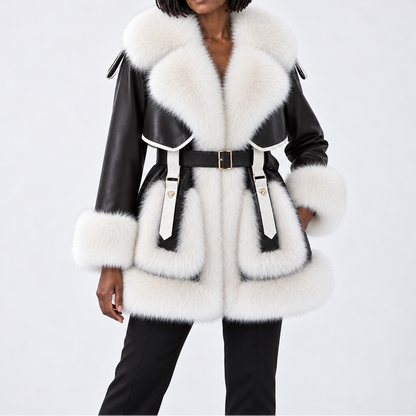 Women's Winter Coat with Fur Trim, Statement Collar, and Buckle Belt – Elegant Outerwear for Cold Days and Stylish Evening Events