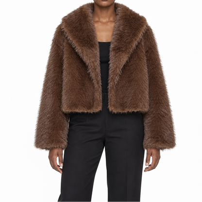 Women's short faux fur winter jacket with wide lapels - Soft, elegant jacket for cold days and stylish layered outfits for nights out