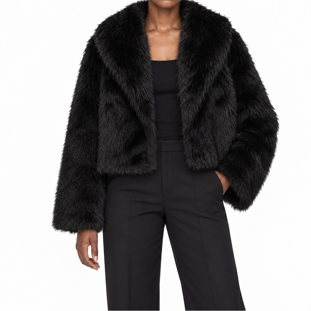 Women's short faux fur winter jacket with wide lapels - Soft, elegant jacket for cold days and stylish layered outfits for nights out