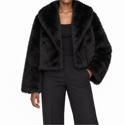 Women's short faux fur winter jacket with wide lapels - Soft, elegant jacket for cold days and stylish layered outfits for nights out