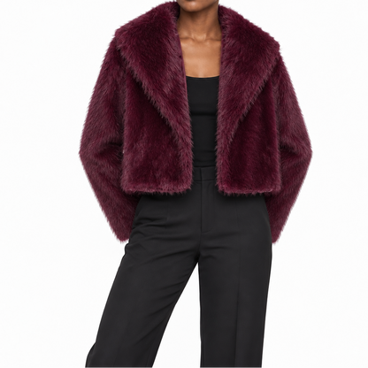Women's short faux fur winter jacket with wide lapels - Soft, elegant jacket for cold days and stylish layered outfits for nights out