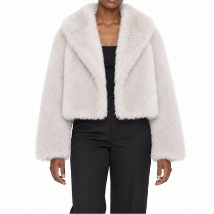 Women's short faux fur winter jacket with wide lapels - Soft, elegant jacket for cold days and stylish layered outfits for nights out
