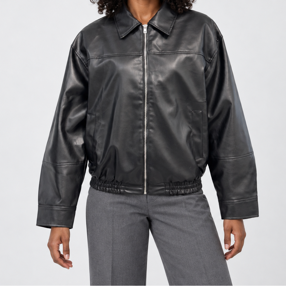 Women's Leather-Look Bomber Jacket with Zipper and Pointed Collar – Relaxed Fit and Elastic Hem for Spring and Summer Evenings