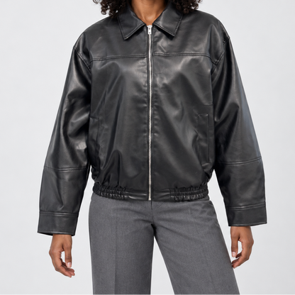 Women's Leather-Look Bomber Jacket with Zipper and Pointed Collar – Relaxed Fit and Elastic Hem for Spring and Summer Evenings