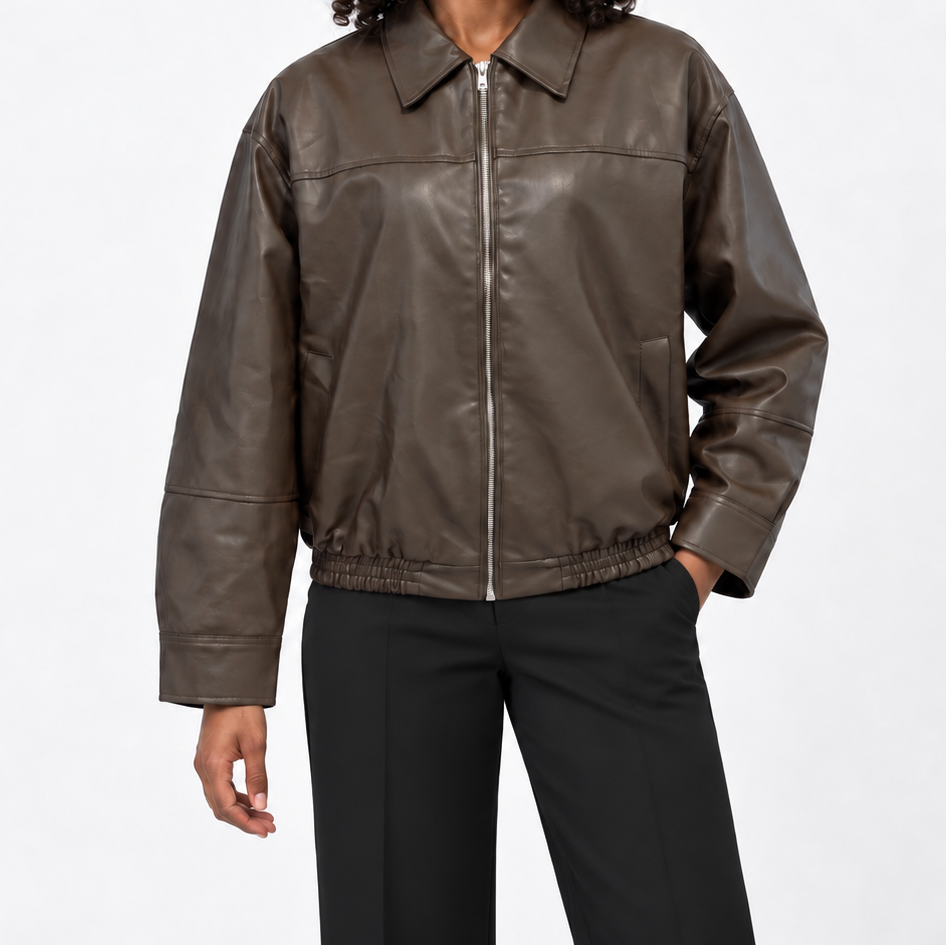 Women's Leather-Look Bomber Jacket with Zipper and Pointed Collar – Relaxed Fit and Elastic Hem for Spring and Summer Evenings