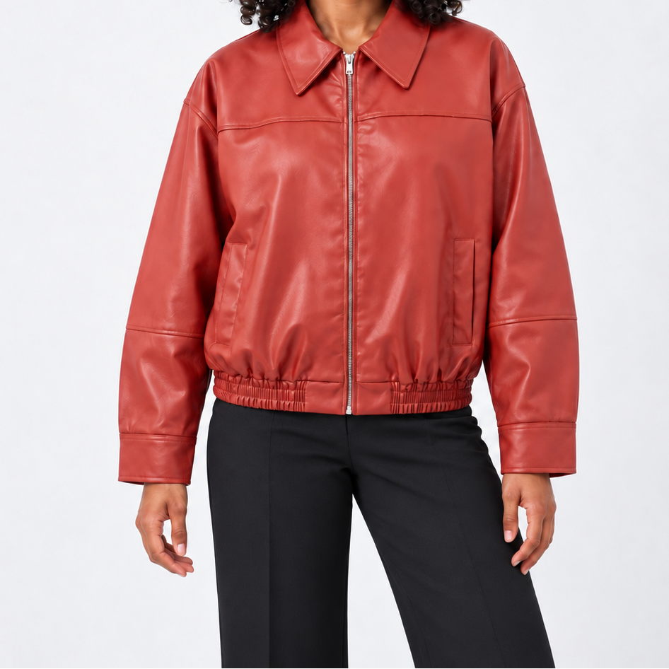 Women's Leather-Look Bomber Jacket with Zipper and Pointed Collar – Relaxed Fit and Elastic Hem for Spring and Summer Evenings